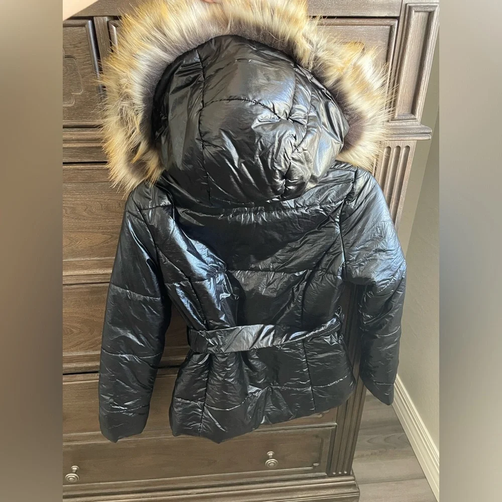 Girls' Black Puffer Jacket with Faux Fur Trim